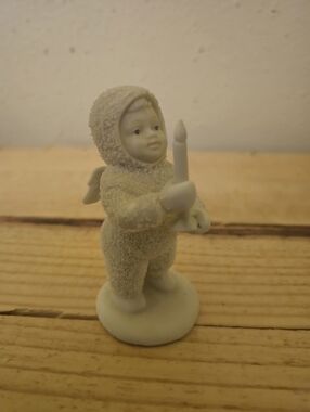 Snow Baby Porcelain Angel Figurine Holding Candle - Pale Cream